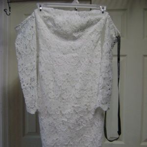 Long Sleeve Lace Off Shoulder Midi Dress in White